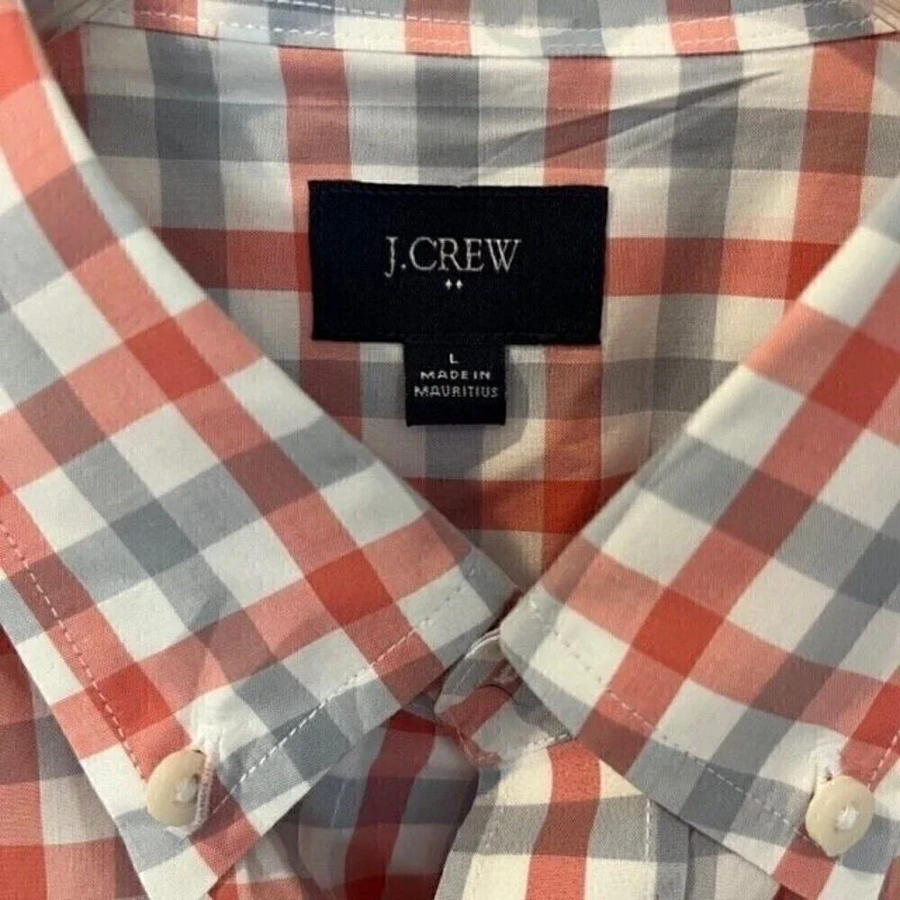J. Crew Coral & Gray Gingham Button Down Casual Dress Shirt Size Large